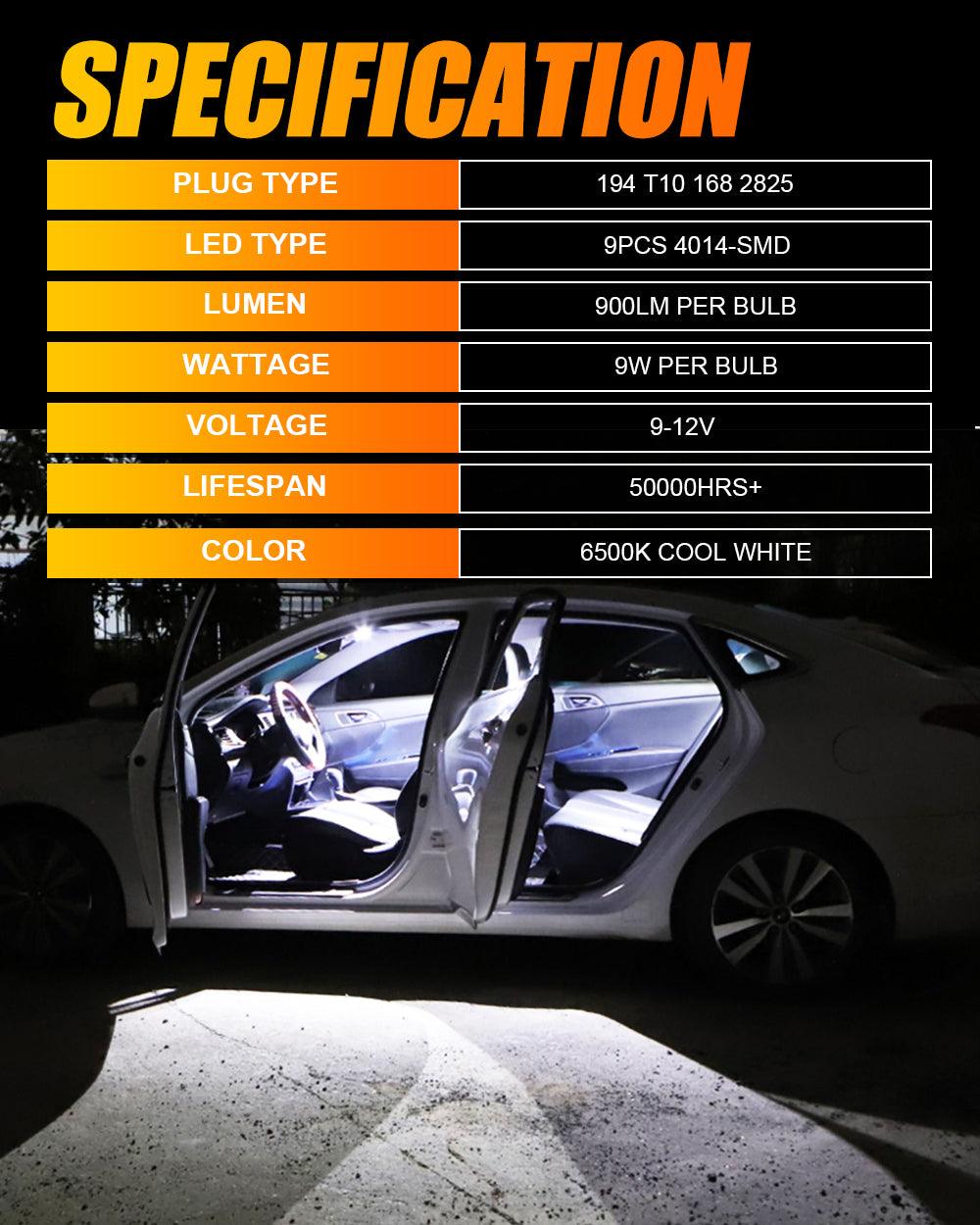 168 2825 W5W T10 LED Interior Light Bulbs 1.5W 300% Brighter 6500K White | 10 Bulbs