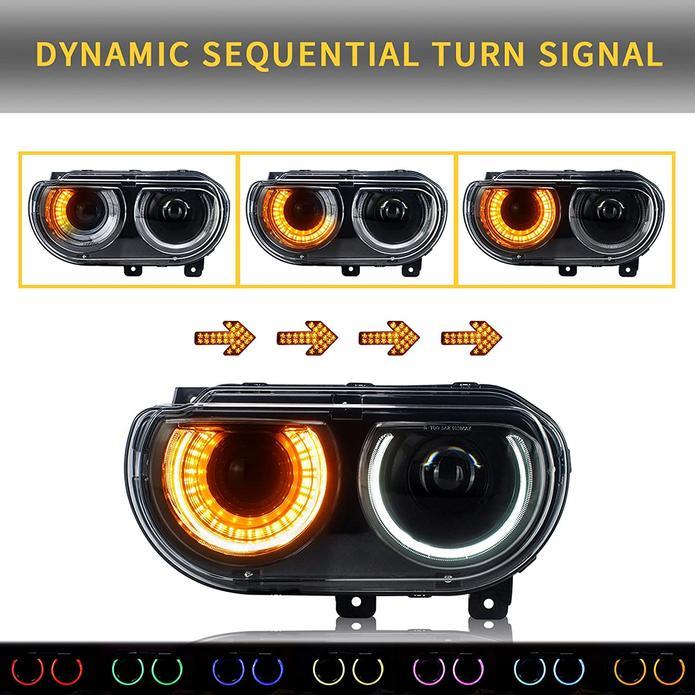 LED Headlight Assembly RGB Style Dual Beam Projector Black For 2008-2014 Dodge Challenger 3th Gen Pre-Facelift