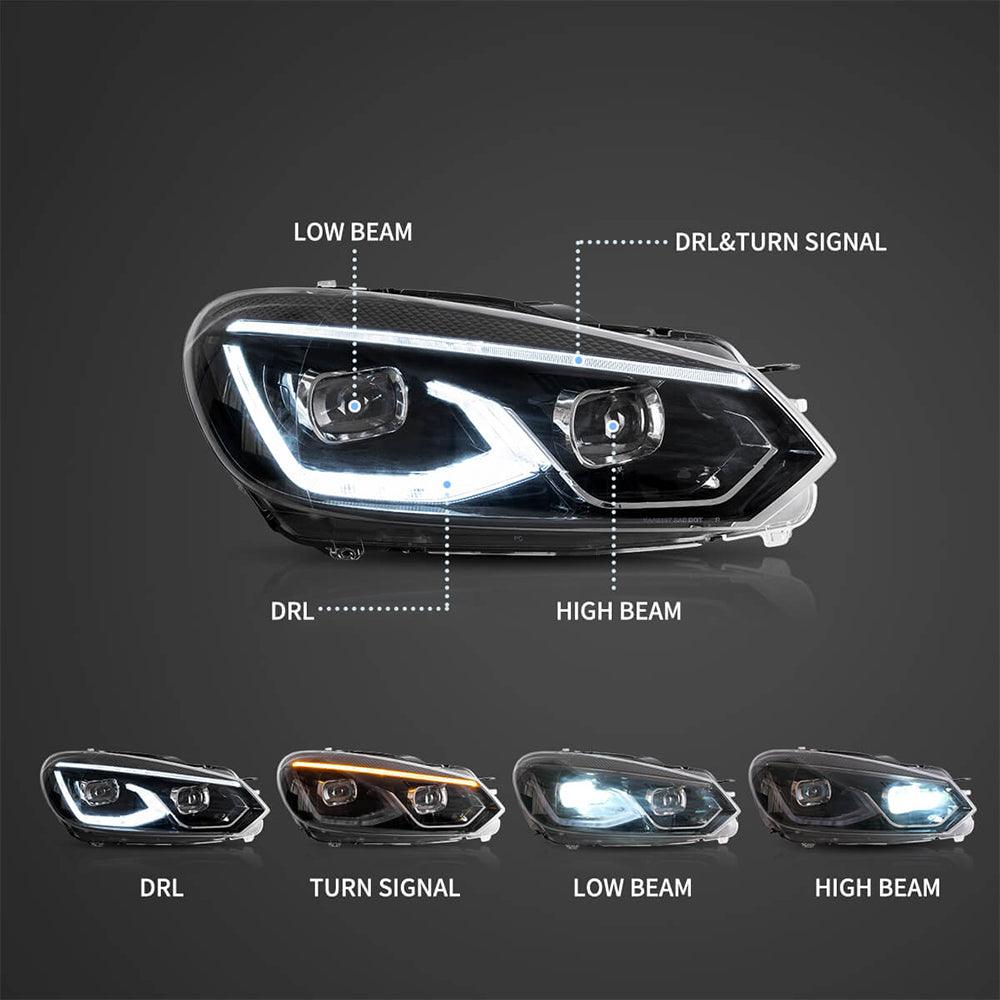 LED Headlight Assembly Dual Beam Projector Black For 2008-2014 Volkswagen Golf 6th Gen (Mk6/A6 Typ 5K)