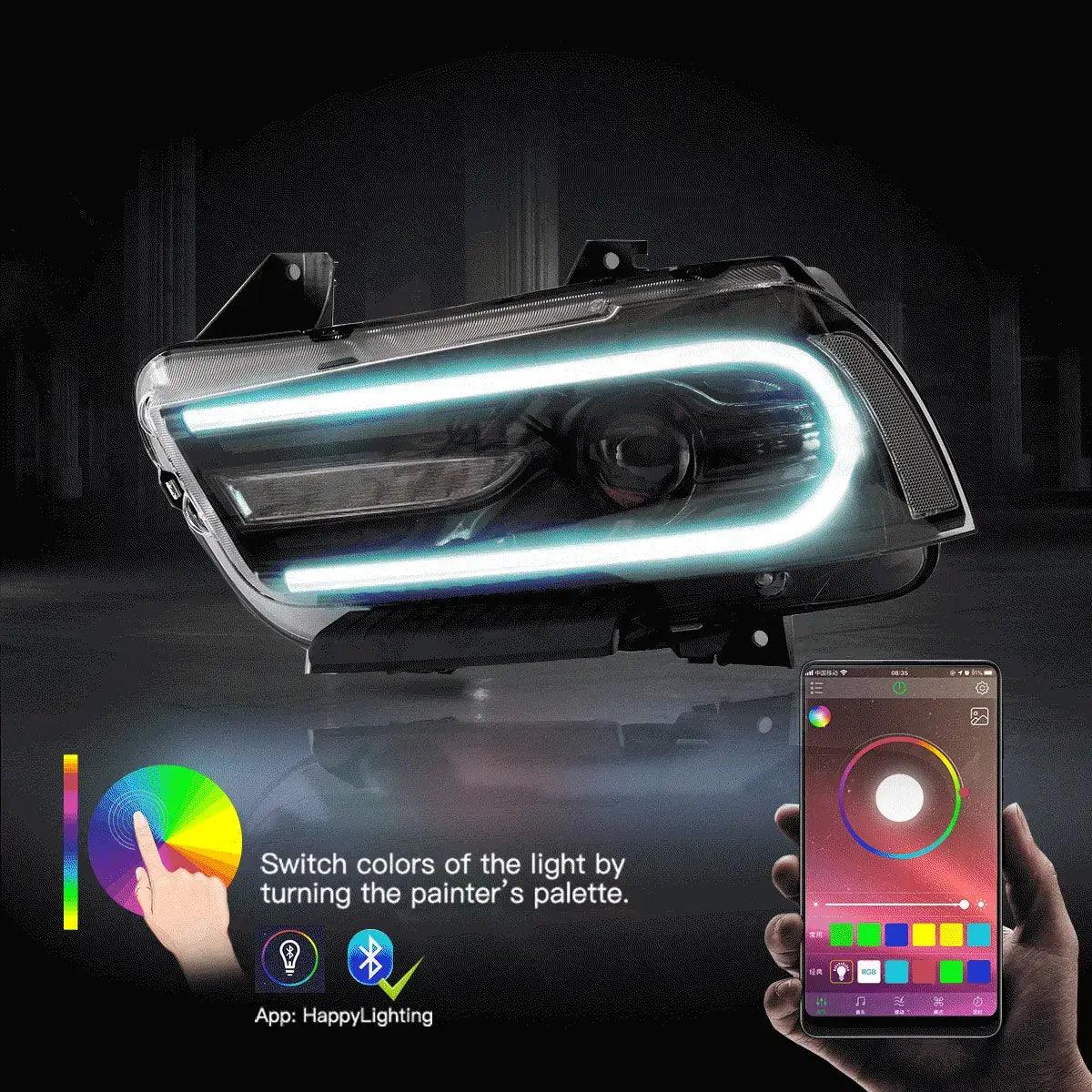LED Headlight Assembly RGB Dual Beam Projector Black For 2011-2014 Dodge Charger(LD)