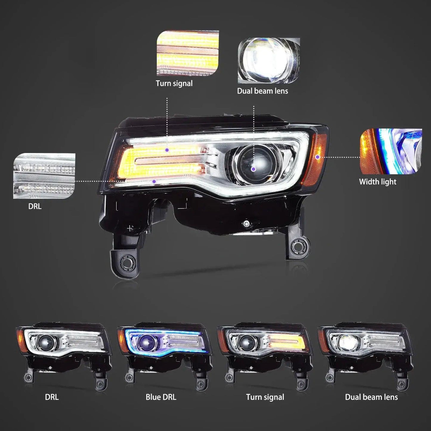 LED Headlight Assembly Full LED With Startup Animation/ Blue DRL For 2014-2022 Jeep Grand Cherokee (WK2)