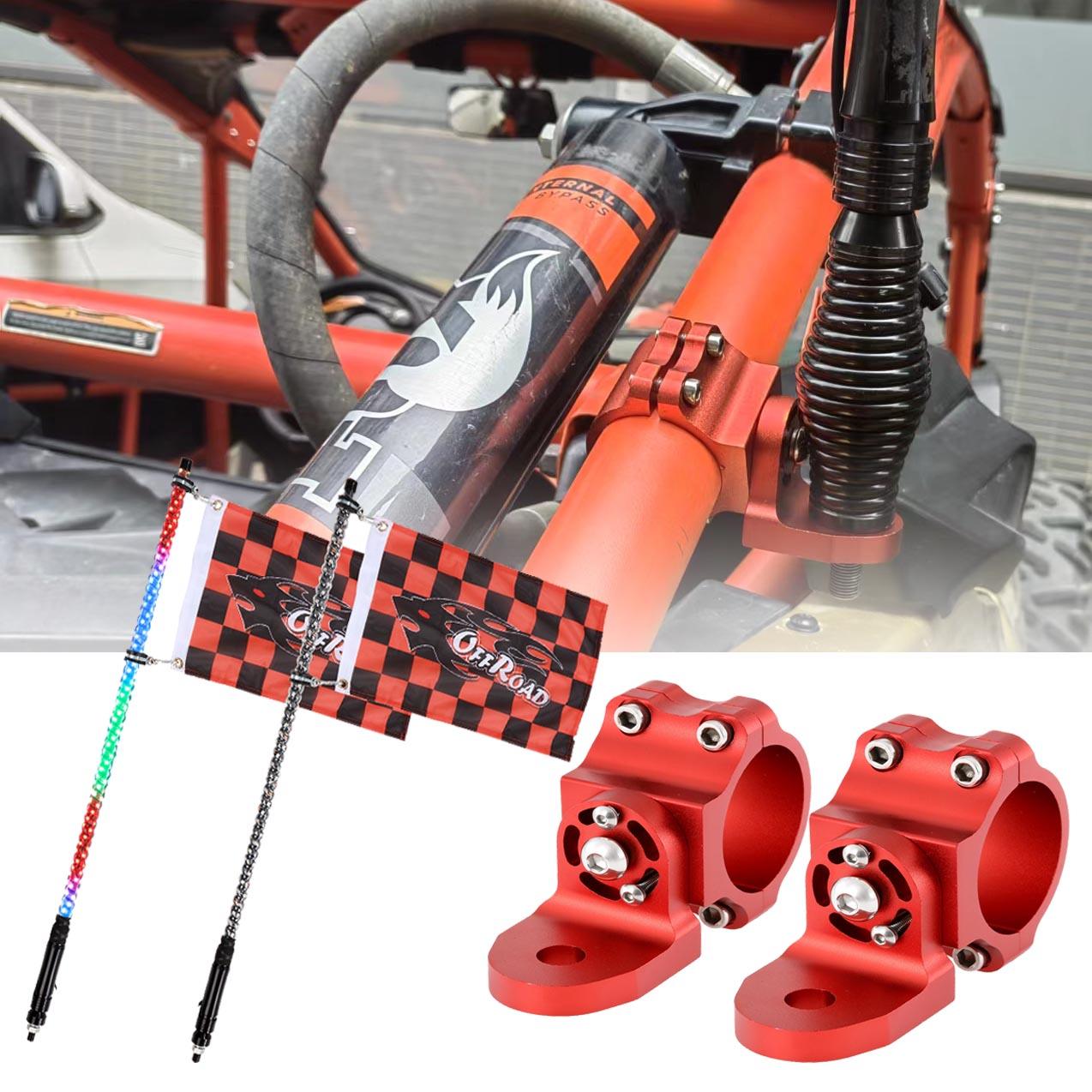 3FT/4FT LED RGB Whip Lights with Bluetooth/ Remote Controlled & Red Universal Flagpole Light Mount for all UTVs with 1.75" to 2" Roll Cage