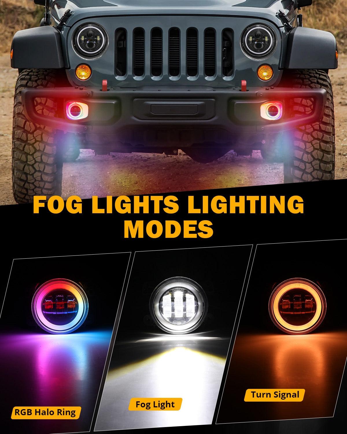 Upgraded RGB 7 Inch Headlights + 4 Inch Fog Lights Combo for Jeep Wrangler JK with APP Control