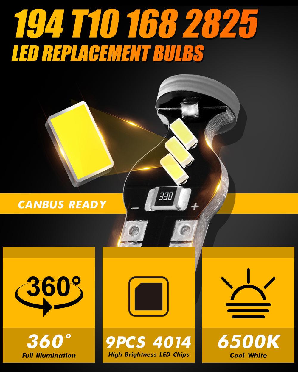 168 2825 W5W T10 LED Interior Light Bulbs 1.5W 300% Brighter 6500K White | 10 Bulbs