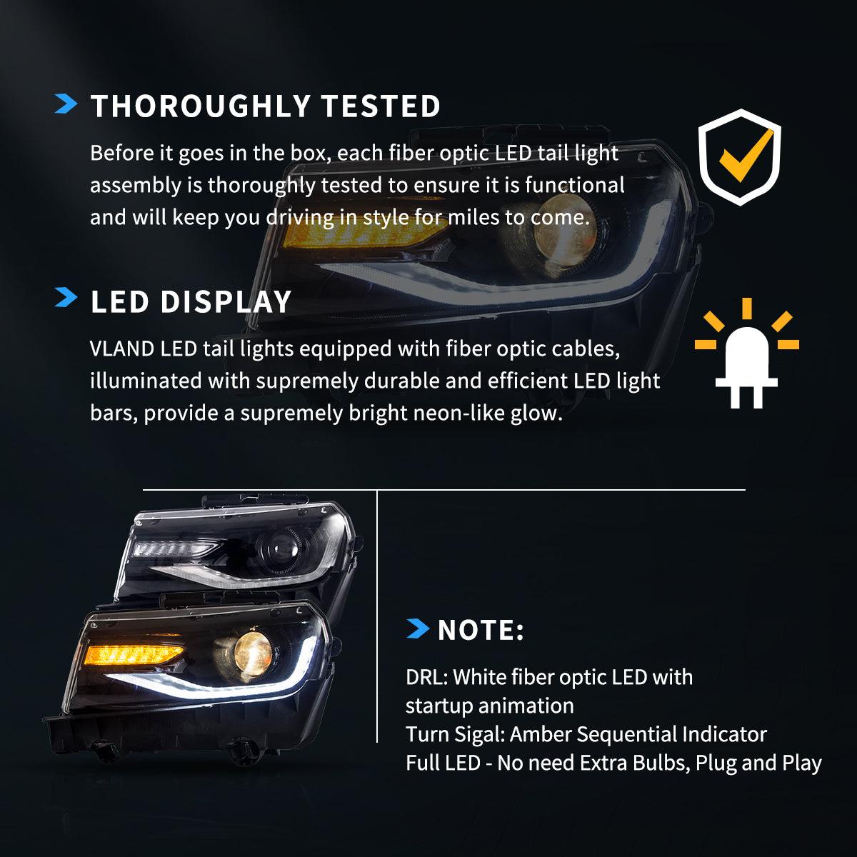 LED Headlight Assembly Dual Beam Projector Black For 2014-2015 Chevrolet Camaro