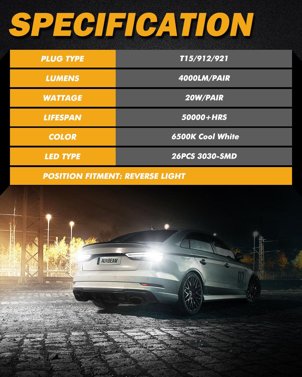 912 921 T15 W16W LED Reverse Back-up Light Bulbs 20W 350% High Brightness CAN-Bus Error Free 6500K White B3 Series | 2 Bulbs