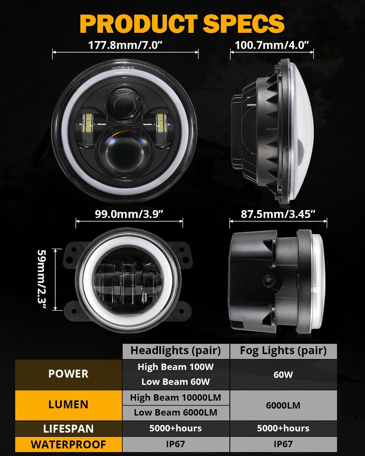 Upgraded RGB 7 Inch Headlights + 4 Inch Fog Lights Combo for Jeep Wrangler JK with APP Control