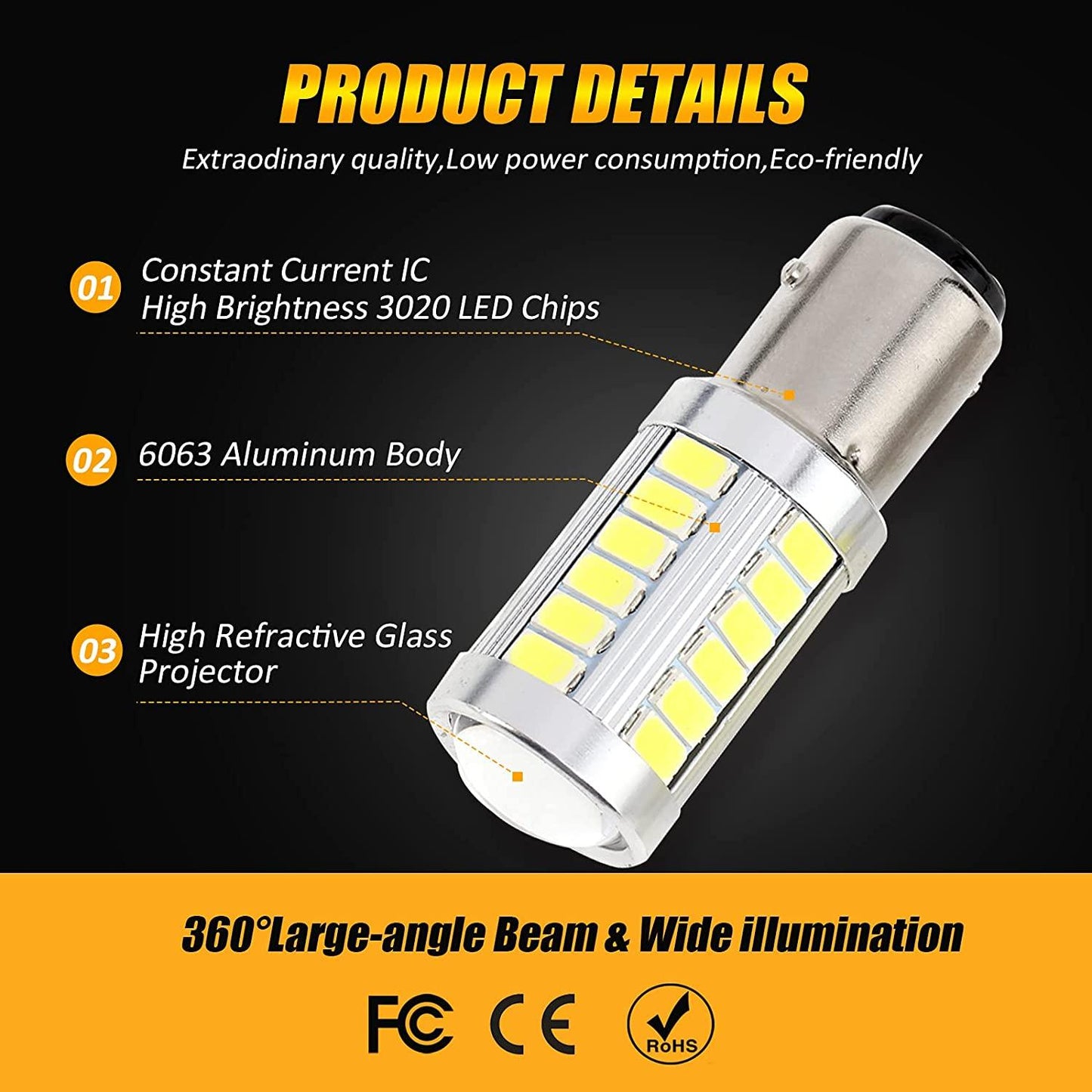 1157 BAY15D LED Backup Reverse/Turn Signal/Brake Tail/Side Marker Light Bulbs 20W 4000LM 6500K White 33LED Series | 2 Bulbs