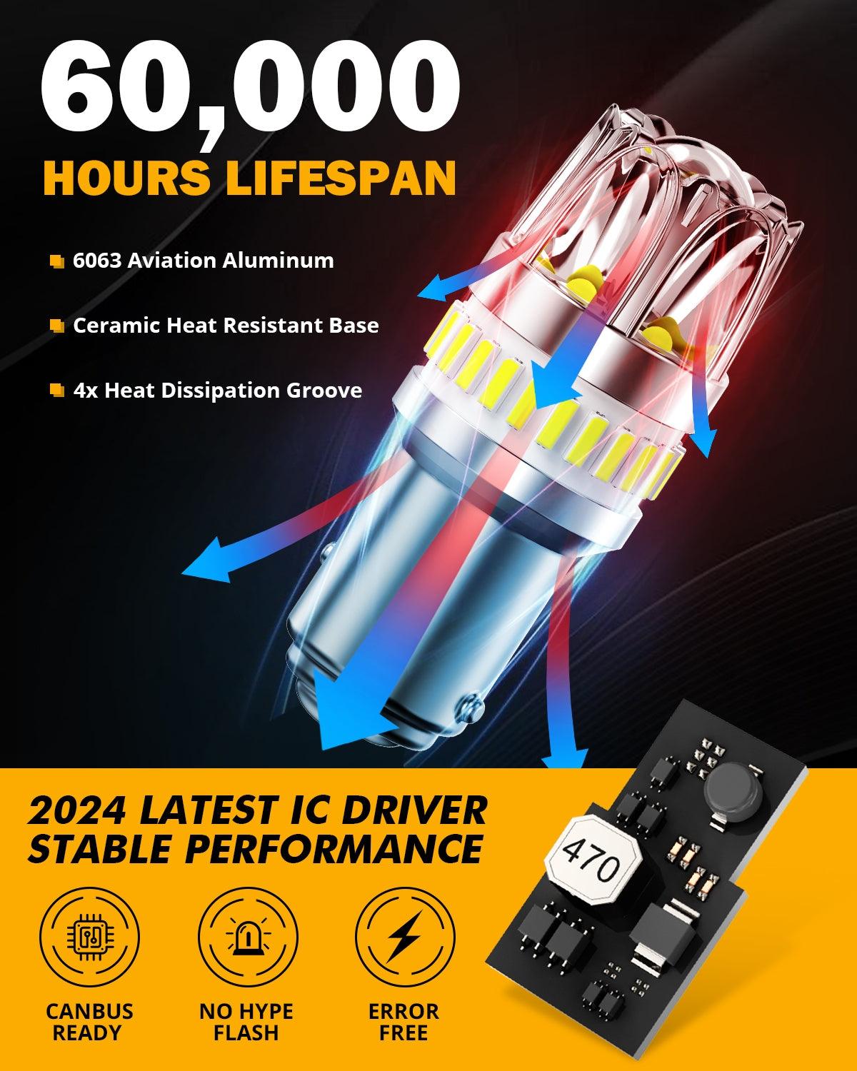 1157 BAY15D LED Backup Reverse/Turn Signal/Brake Tail Light Bulbs 14W 6000LM CAN-Bus Error Free 6500K White Y2 Series | 2 Bulbs