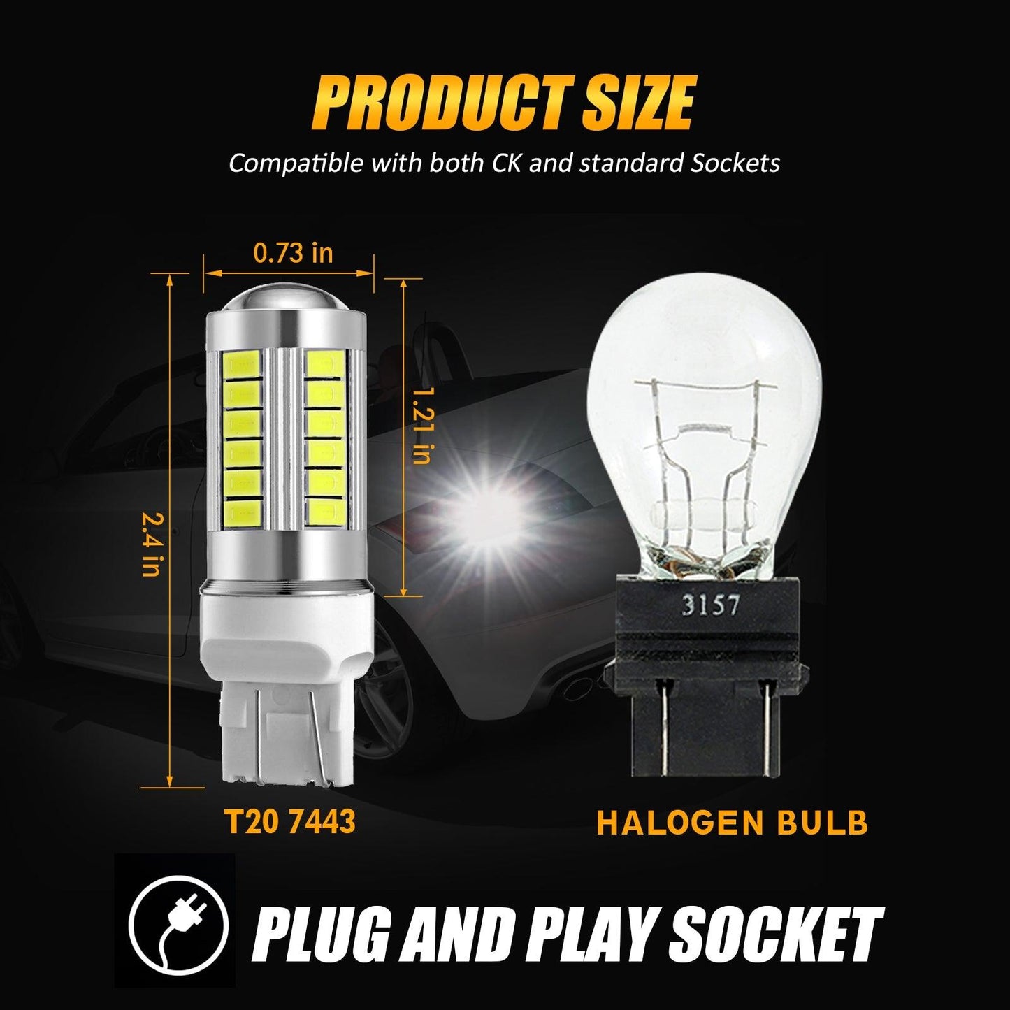 T20 7443 7440 LED Backup Reverse/Turn Signal/Brake Tail Light 20W 4000LM 6500K White 33LED Series | 2 Bulbs