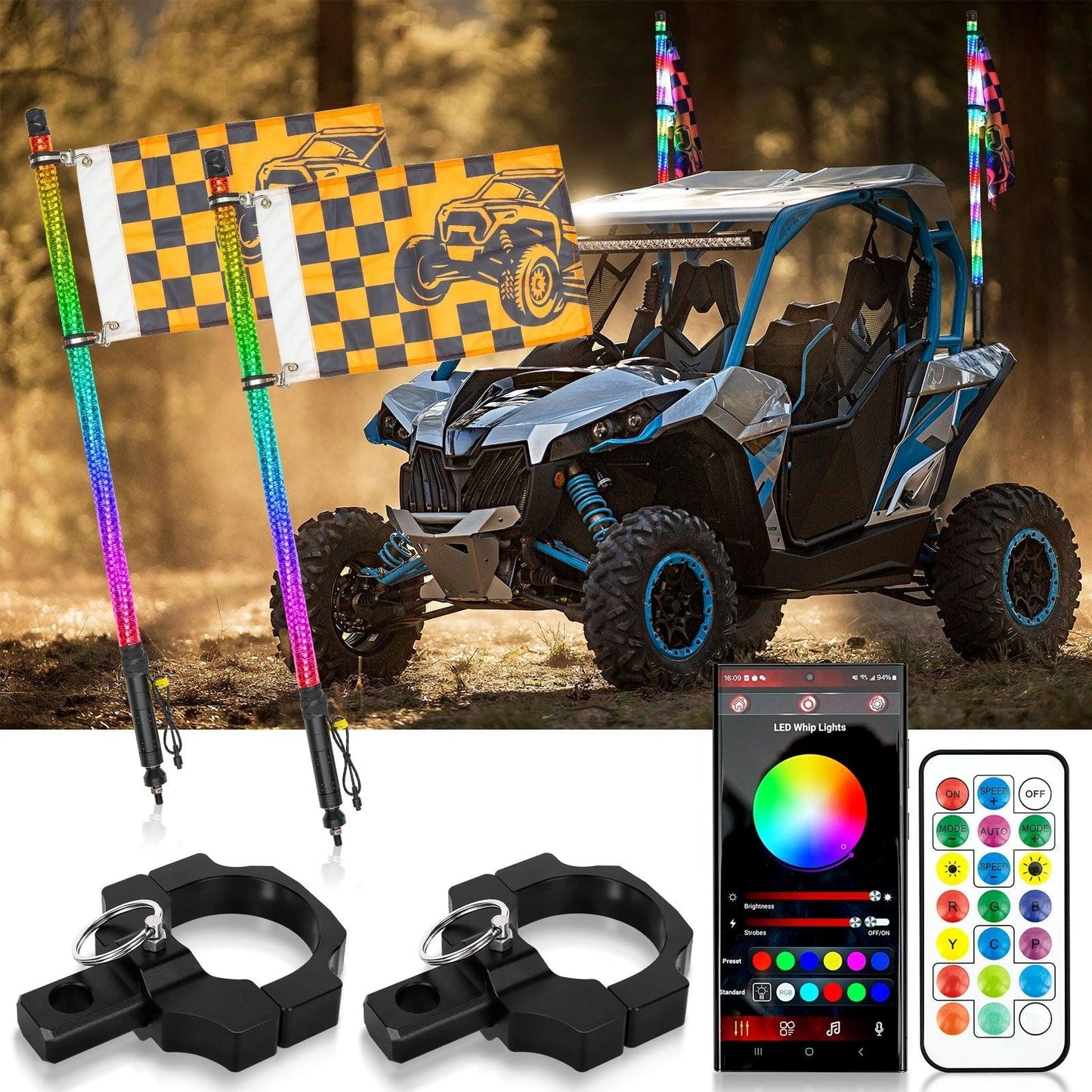 New LED RGB Whip Lights with Turn Signal & Brake Light, Bluetooth APP/ Remote Control