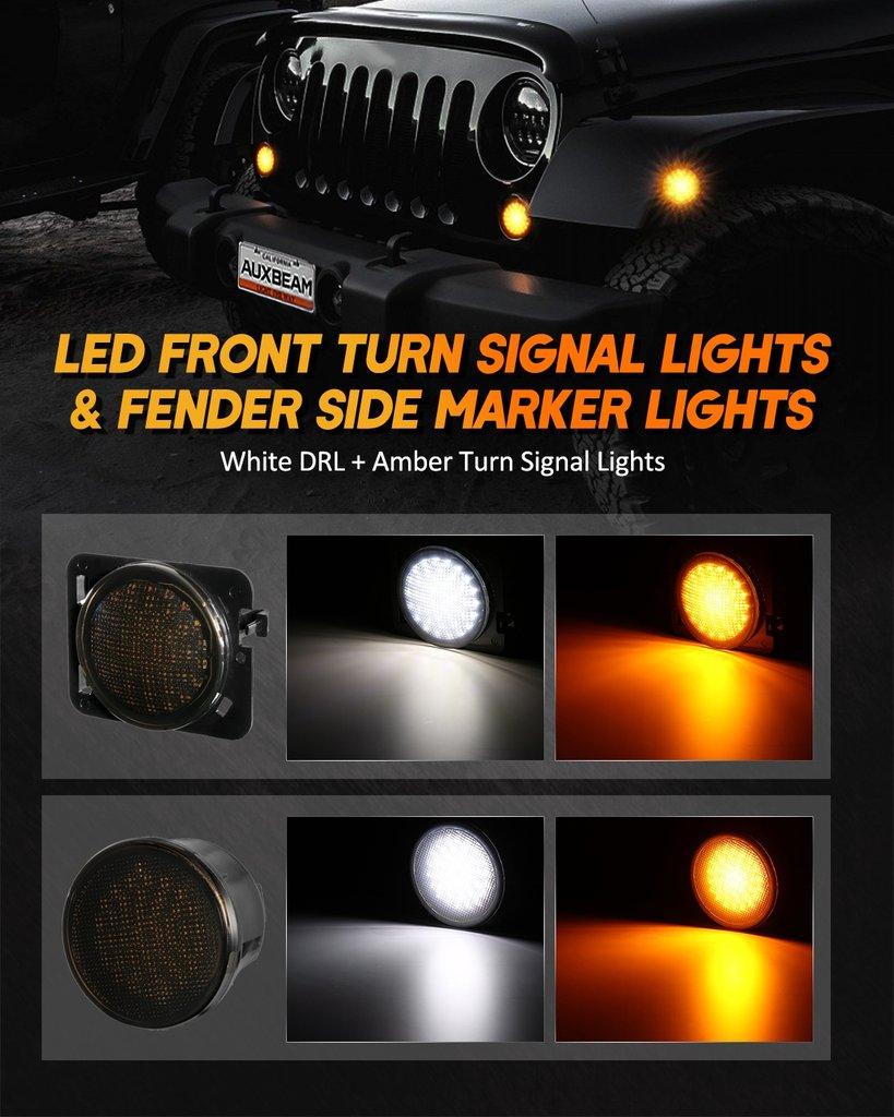 Remplaçant de Phare LED 7'' avec Halo + Feux Anti-Brouillard LED 4'' + Feux Arrière Fumés LED + Clignotants & Feux de Garde pour Jeep Wrangler JK