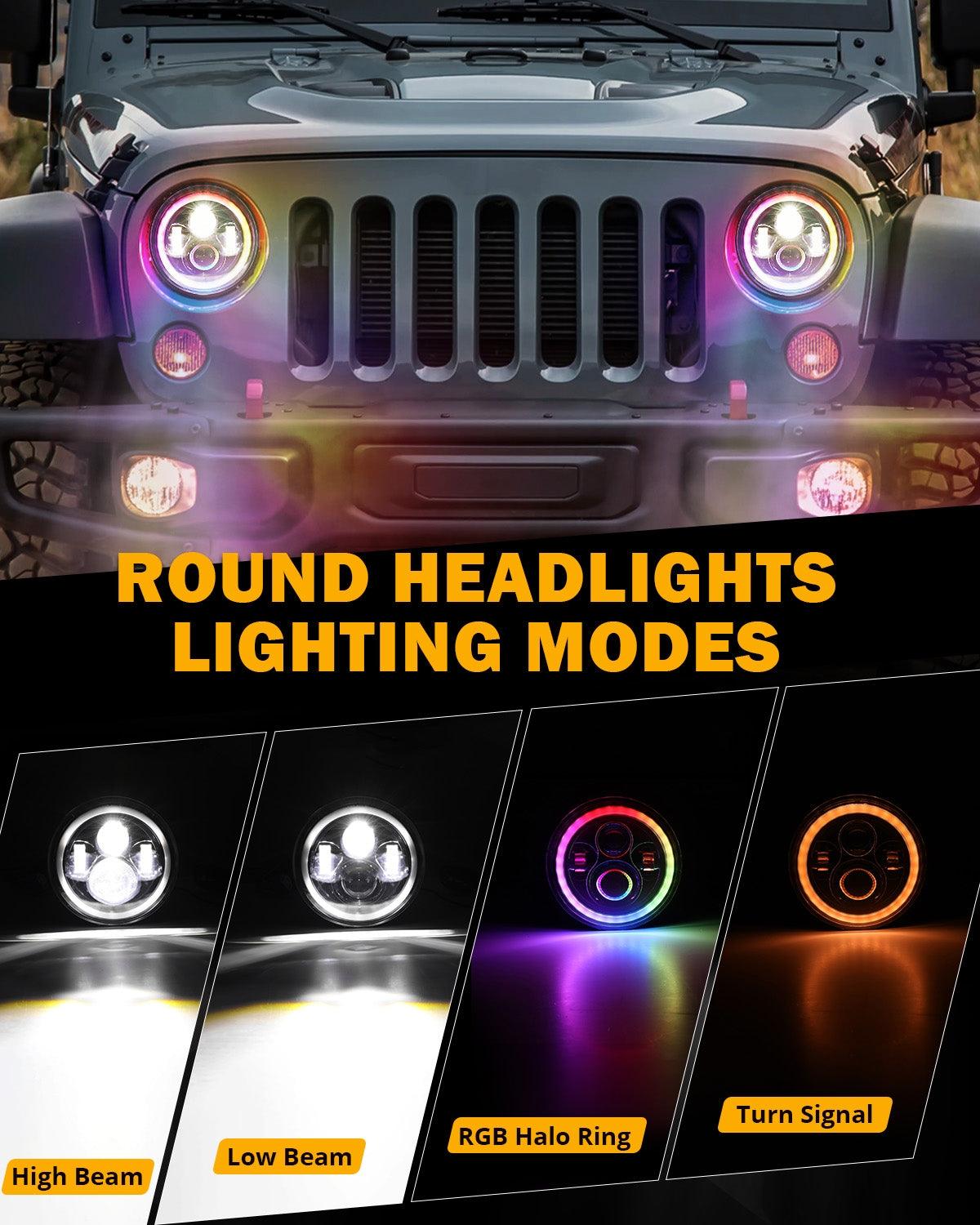 Upgraded RGB 7 Inch Headlights + 4 Inch Fog Lights Combo for Jeep Wrangler JK with APP Control
