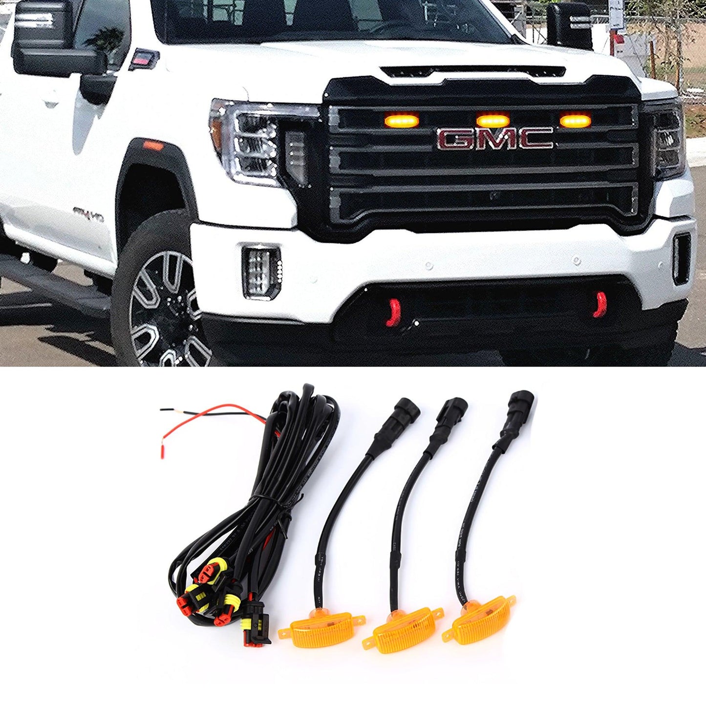 (3pcs/set) LED Front Grille Lights Raptor Style Amber Light Fit for GMC Sierra 2500 HD 2016-2021 (Amber shell/ Smoked shell)