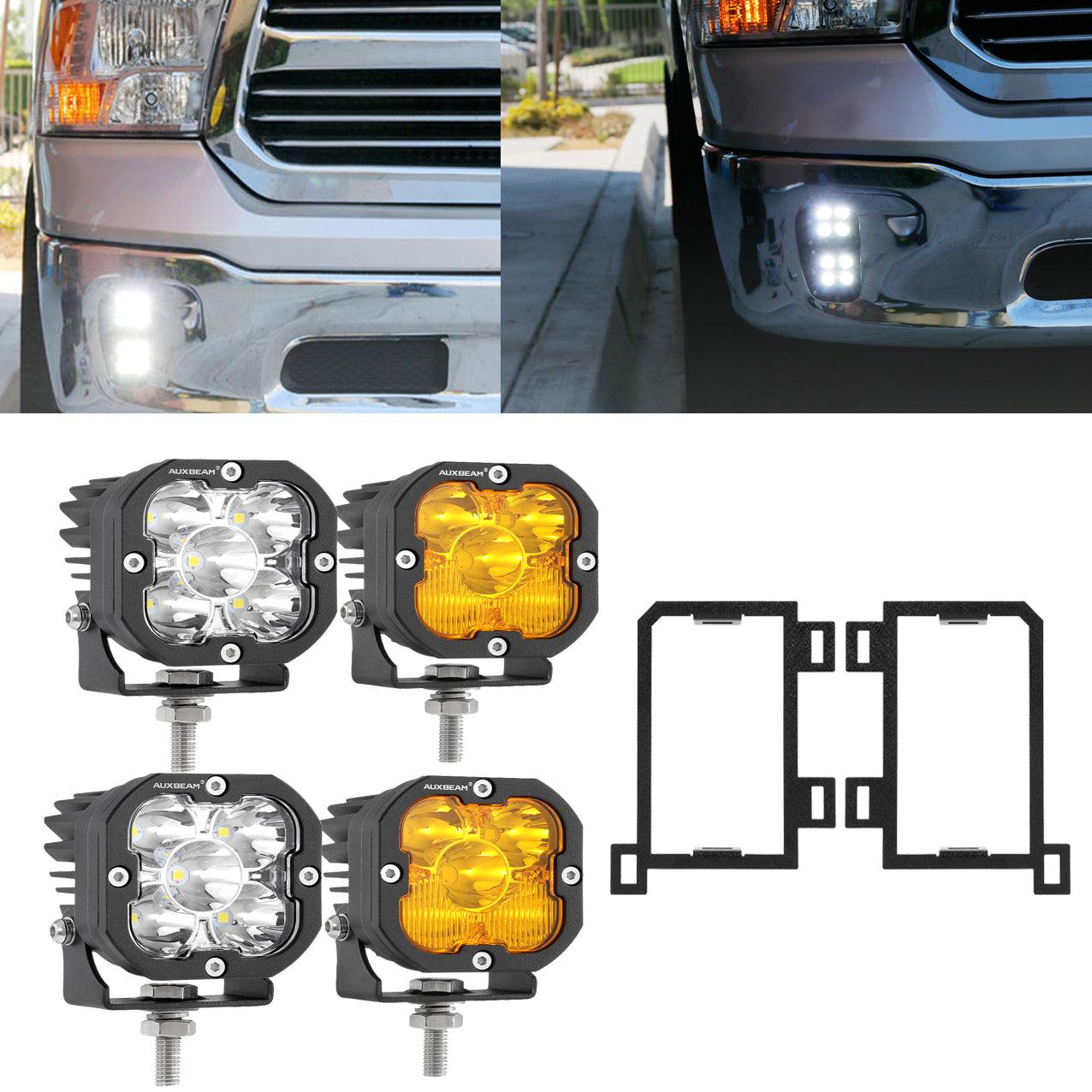 3 Inch LED Pods Lights with Additional Amber Covers & Fog Lamp Mounting Brackets (Vertical Fog Lamp) for Dodge Ram 1500 2013-2018