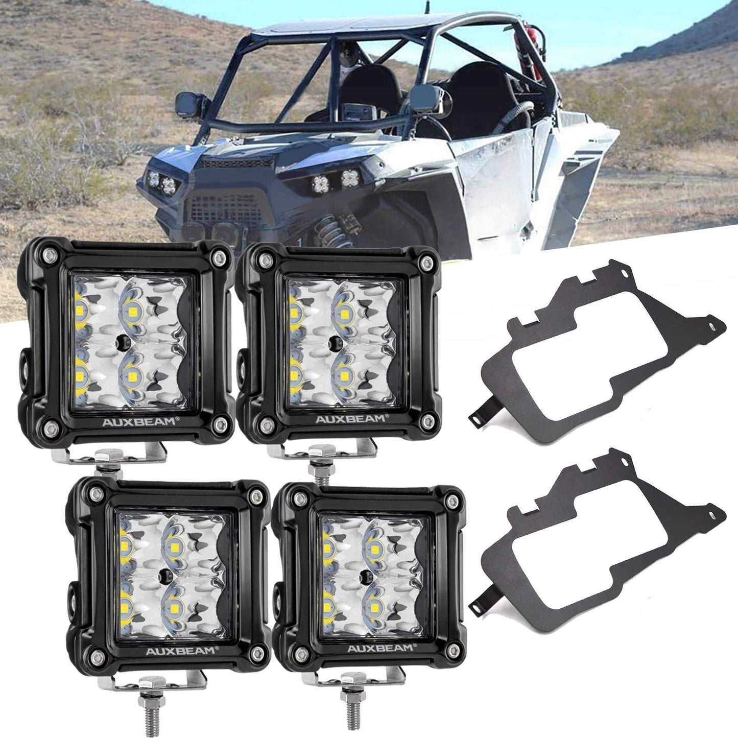 3 Inch LED Pods Light Spot/Flood Beam with Wiring Harness & LED Pod Lights Mounting Brackets Combo for 2014-2021 Polaris RZR 900 1000 & TURBO RI