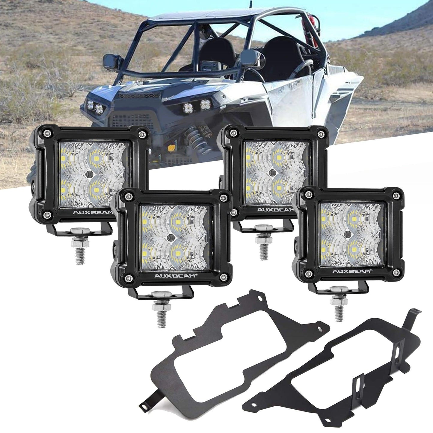 3 Inch LED Pods Light Spot/Flood Beam with Wiring Harness & LED Pod Lights Mounting Brackets Combo for 2014-2021 Polaris RZR 900 1000 & TURBO RI