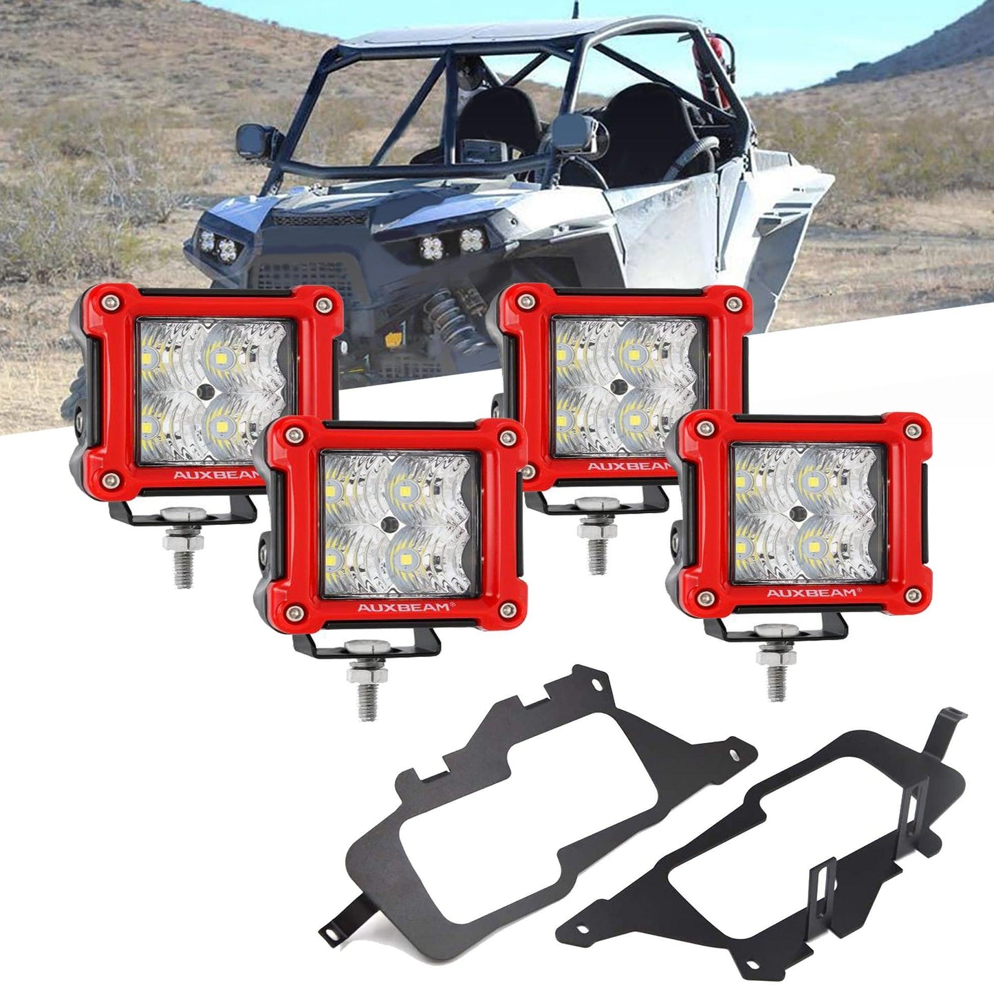 3 Inch LED Pods Light Spot/Flood Beam with Wiring Harness & LED Pod Lights Mounting Brackets Combo for 2014-2021 Polaris RZR 900 1000 & TURBO RI
