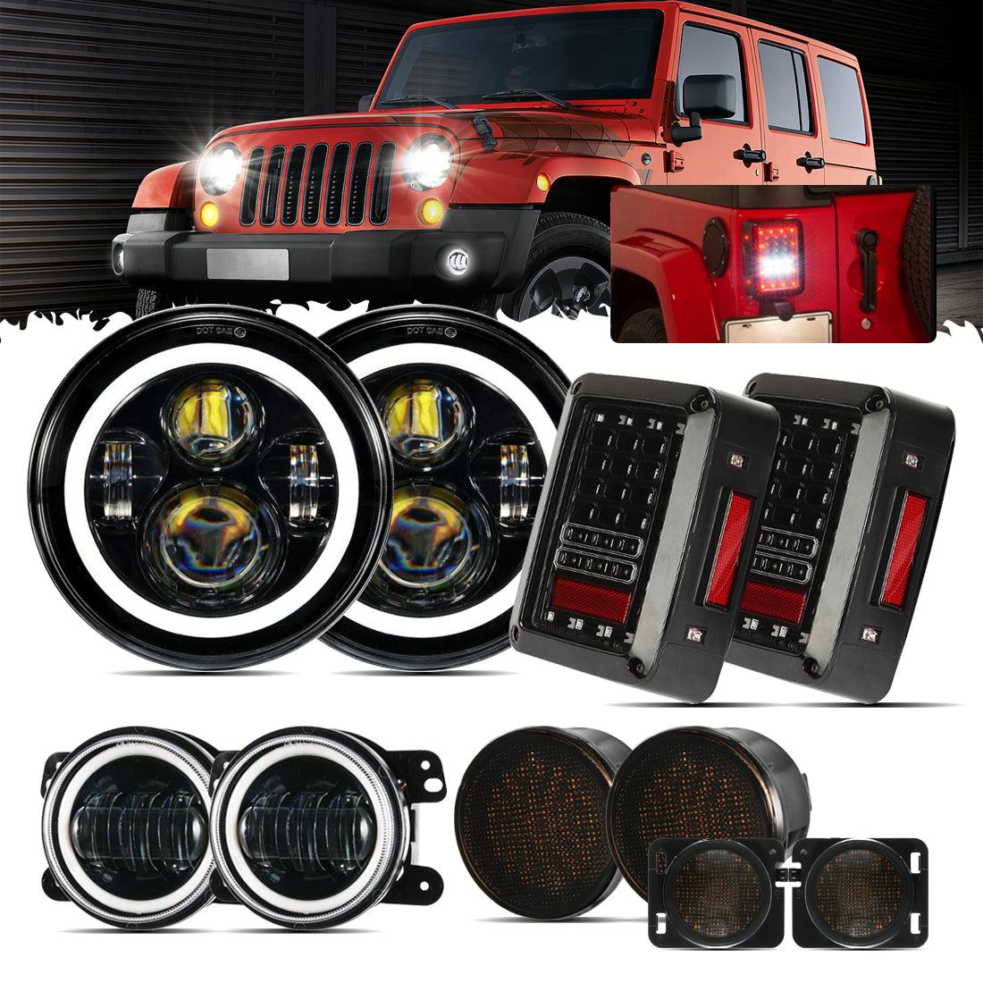 Remplaçant de Phare LED 7'' avec Halo + Feux Anti-Brouillard LED 4'' + Feux Arrière Fumés LED + Clignotants & Feux de Garde pour Jeep Wrangler JK