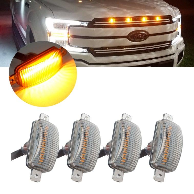 (4pcs/set) LED Front Hood Grille Lights Raptor Style Amber Light Fit for Pickup Truck Off-Road SUV (Amber Shell/ Smoked Shell)