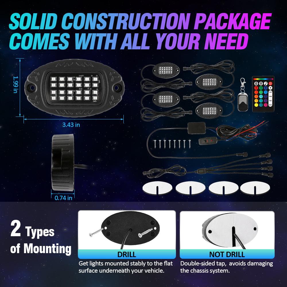 RGBW LED Rock Lights Kit with Bluetooth APP & Wireless Remote Control, Multicolor Neon Underglow Lights with Brake Light function