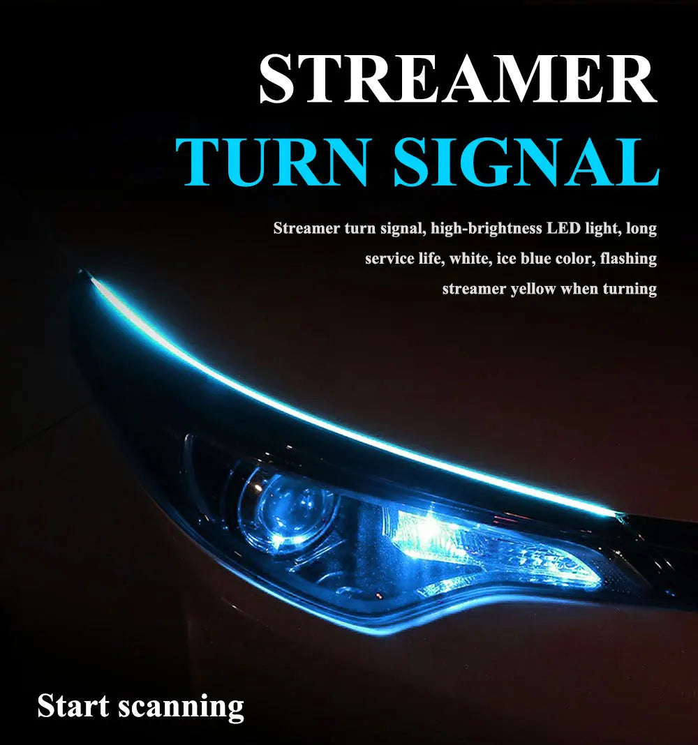 2pcs LED DRL Car Daytime Running Light Signal Lamp Flexible Decorative Strip Auto Headlights White Turn Yellow Flowing Signals