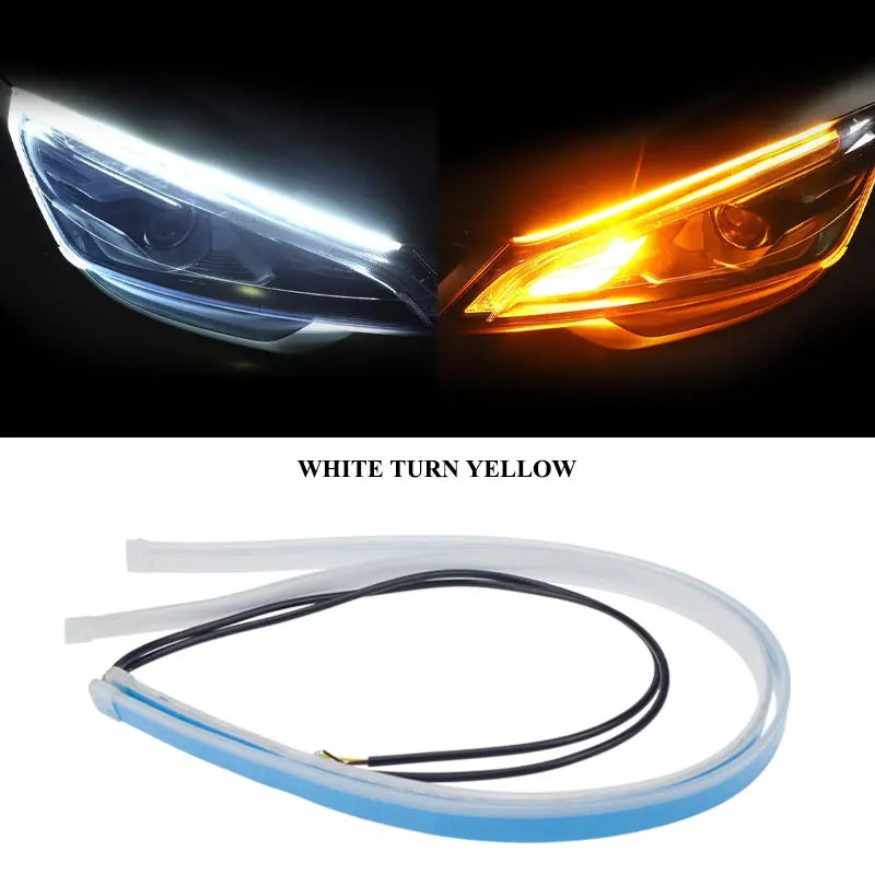 2pcs LED DRL Car Daytime Running Light Signal Lamp Flexible Decorative Strip Auto Headlights White Turn Yellow Flowing Signals