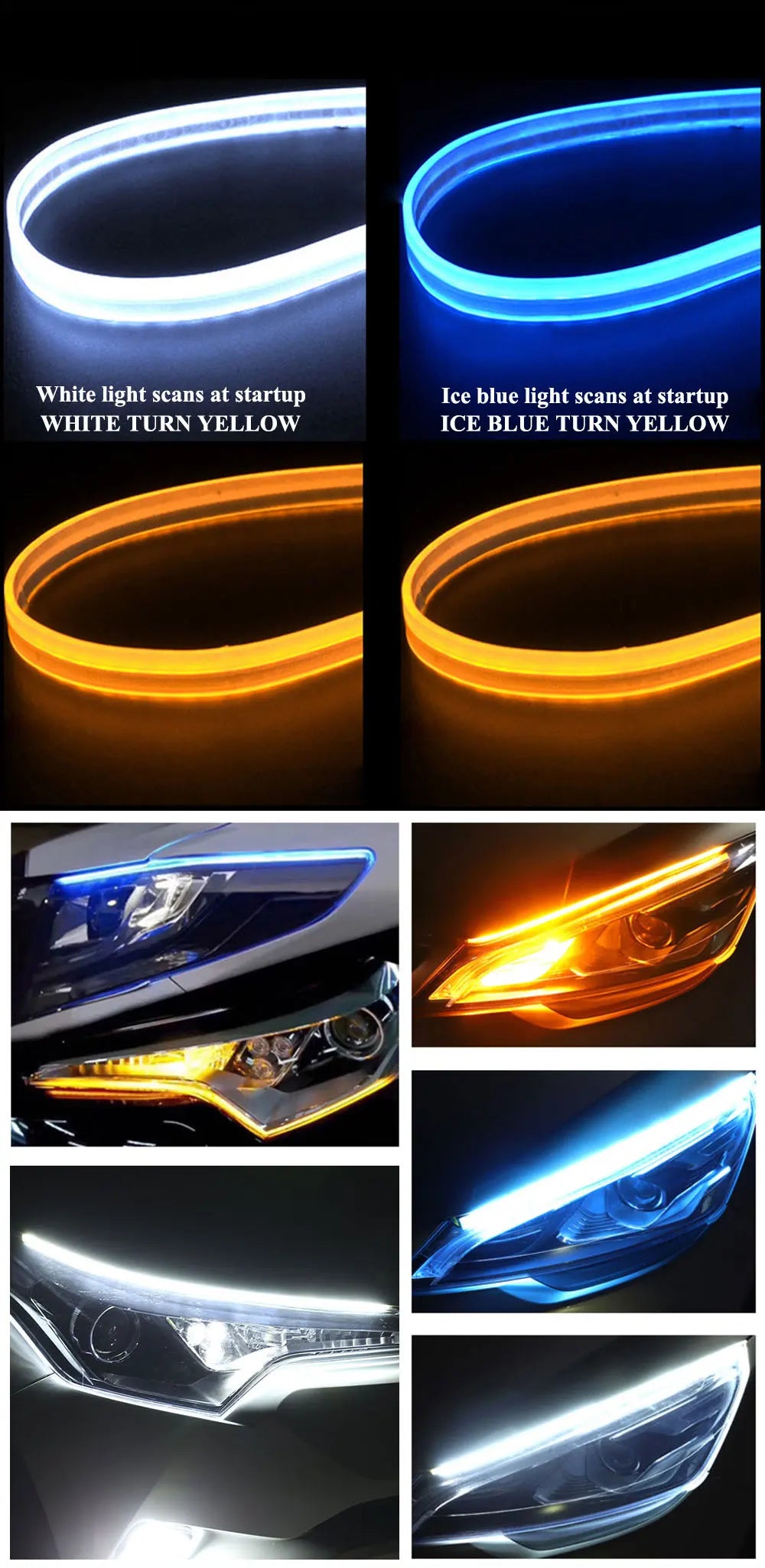 2pcs LED DRL Car Daytime Running Light Signal Lamp Flexible Decorative Strip Auto Headlights White Turn Yellow Flowing Signals