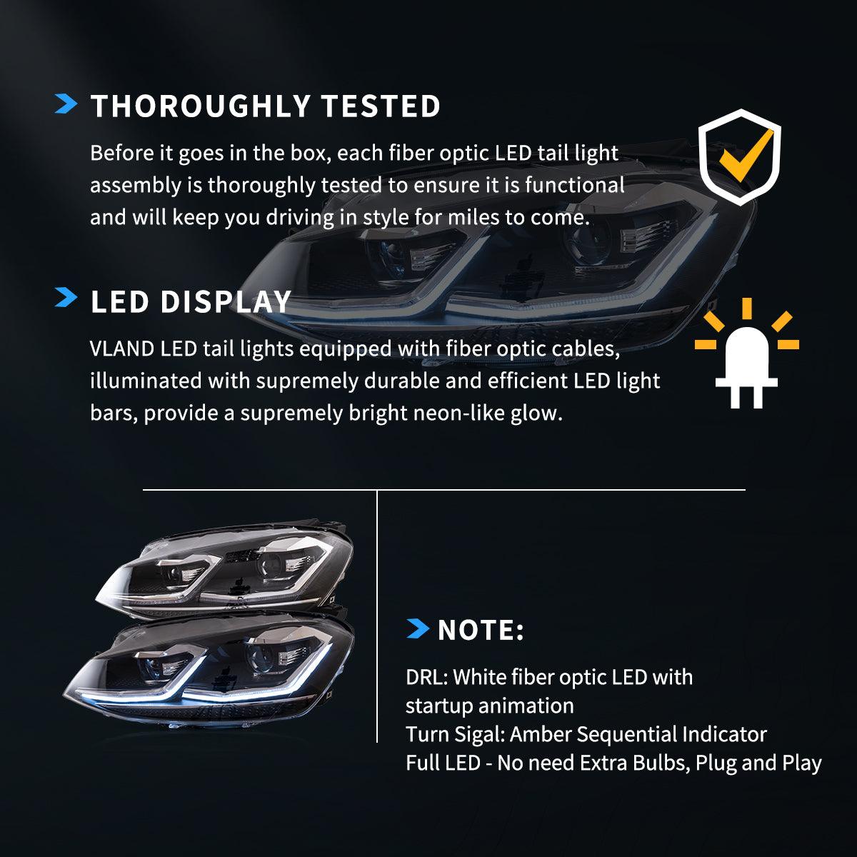 LED Headlight Assembly Projector Black For 2012-2017 Volkswagen Golf 7th Gen (Mk7, Typ 5G)