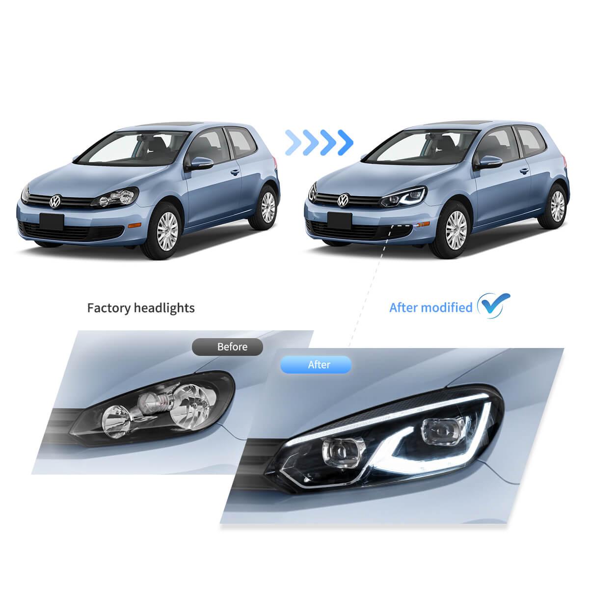 LED Headlight Assembly Dual Beam Projector Black For 2008-2014 Volkswagen Golf 6th Gen (Mk6/A6 Typ 5K)