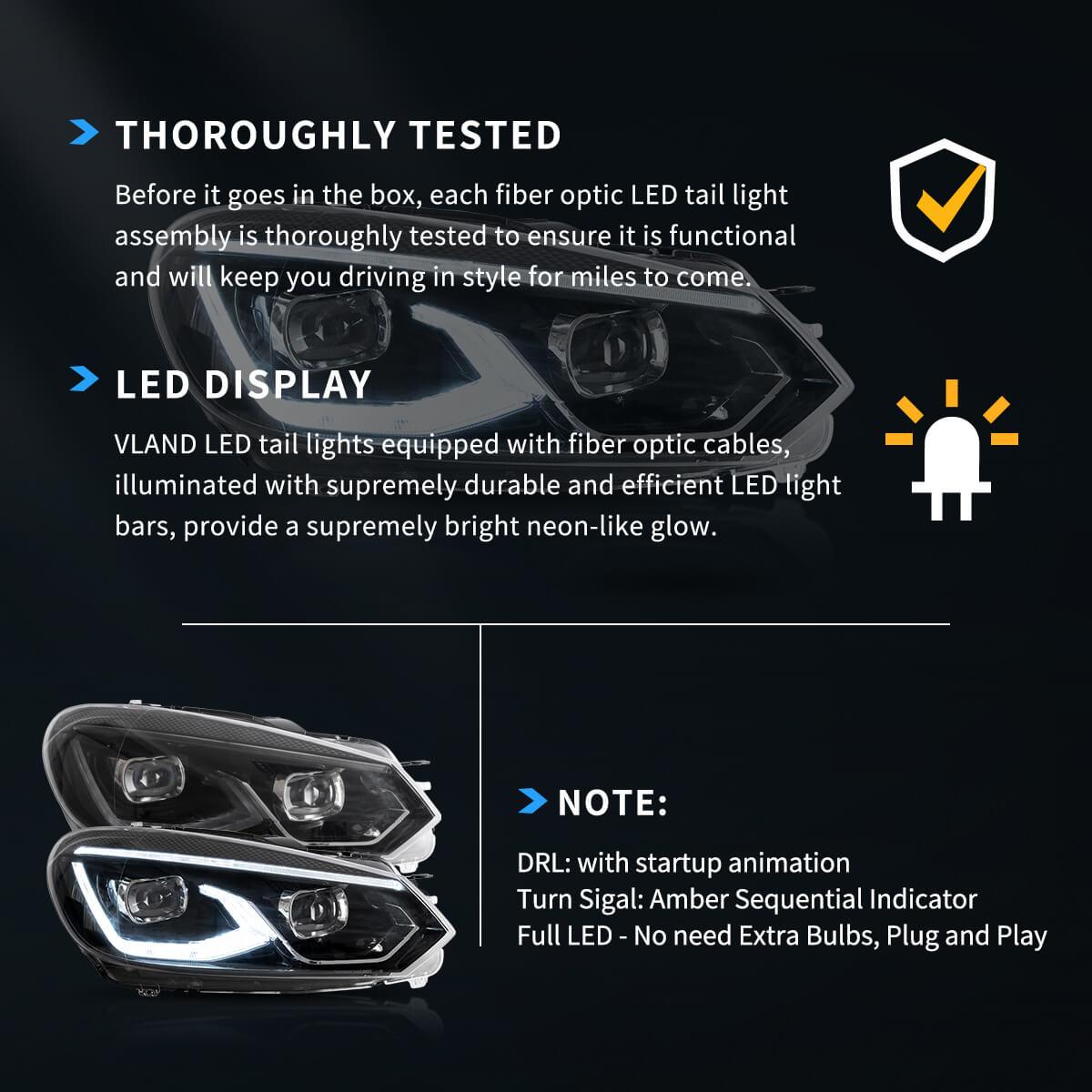 LED Headlight Assembly Dual Beam Projector Black For 2008-2014 Volkswagen Golf 6th Gen (Mk6/A6 Typ 5K)