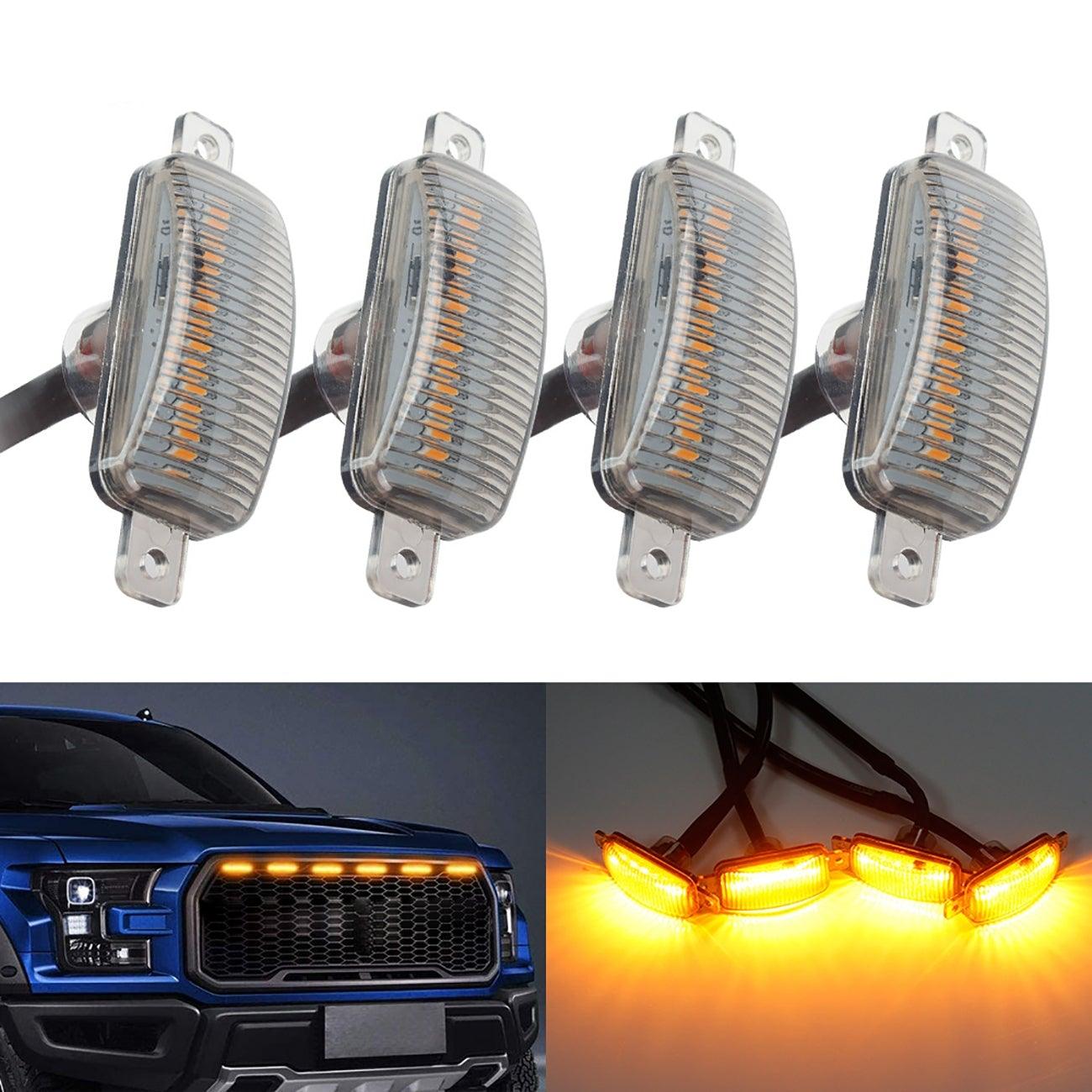 (4pcs/set) LED Front Hood Grille Lights Raptor Style Amber Light Fit for Pickup Truck Off-Road SUV (Amber Shell/ Smoked Shell)
