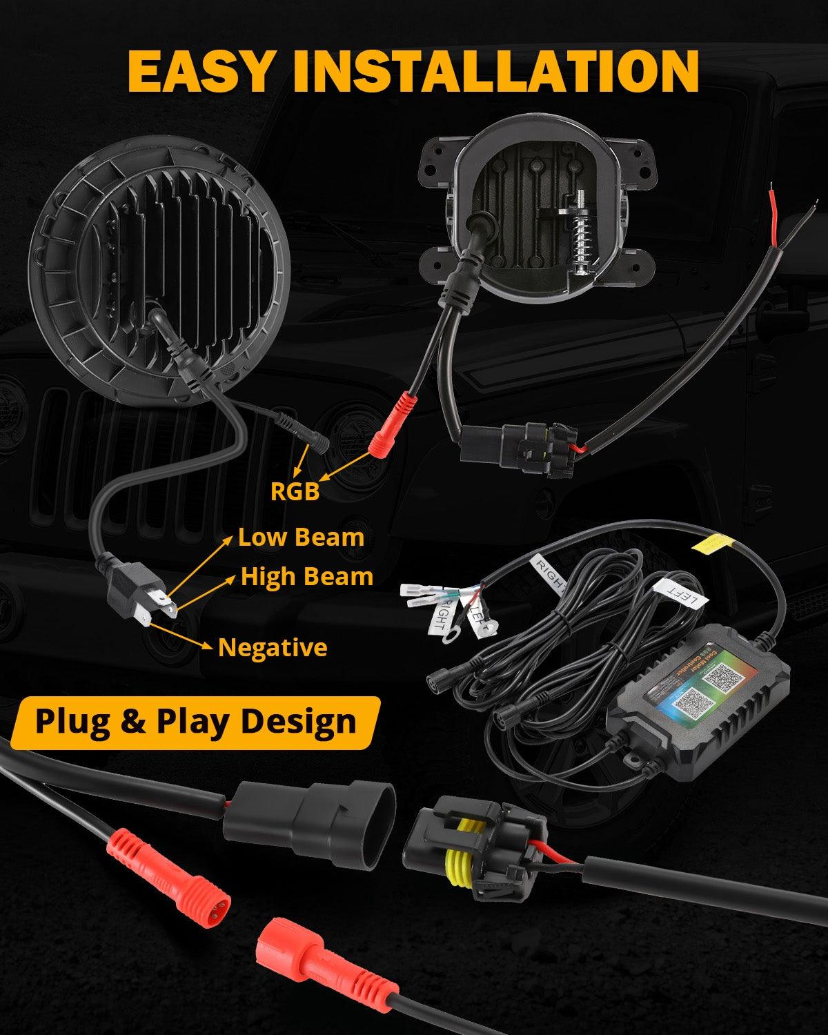 Upgraded RGB 7 Inch Headlights + 4 Inch Fog Lights Combo for Jeep Wrangler JK with APP Control