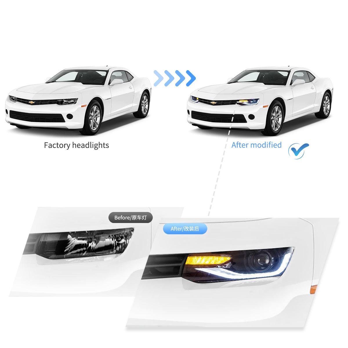 LED Headlight Assembly Dual Beam Projector Black For 2014-2015 Chevrolet Camaro
