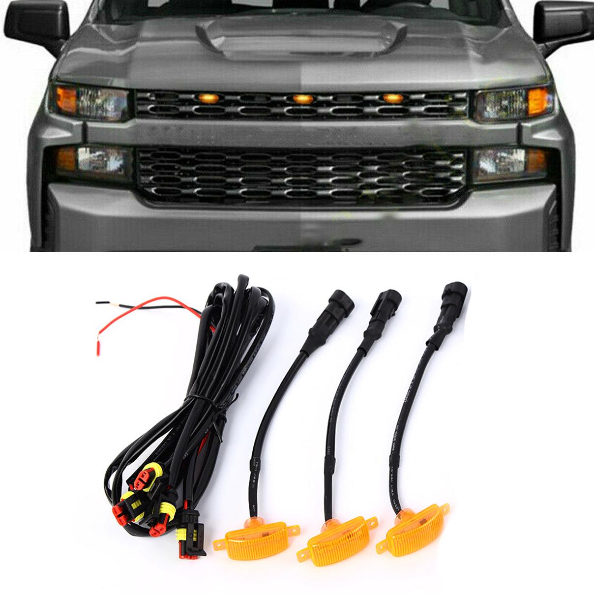 (3pcs/set) LED Front Grille Lights Raptor Style Amber Light Fit for Chevrolet Silverado 1500 2016-2021 (Amber shell/ Smoked shell)