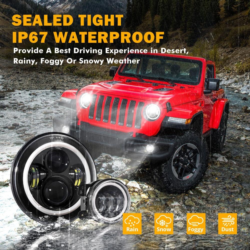 7 Inch LED Headlights + 4 Inch LED Fog Lights Set with Halo DRL Turn Signal High Low Beam for Jeep Wrangler JK JKU TJ LJ Rubicon Sahara Unlimited 1997-2018
