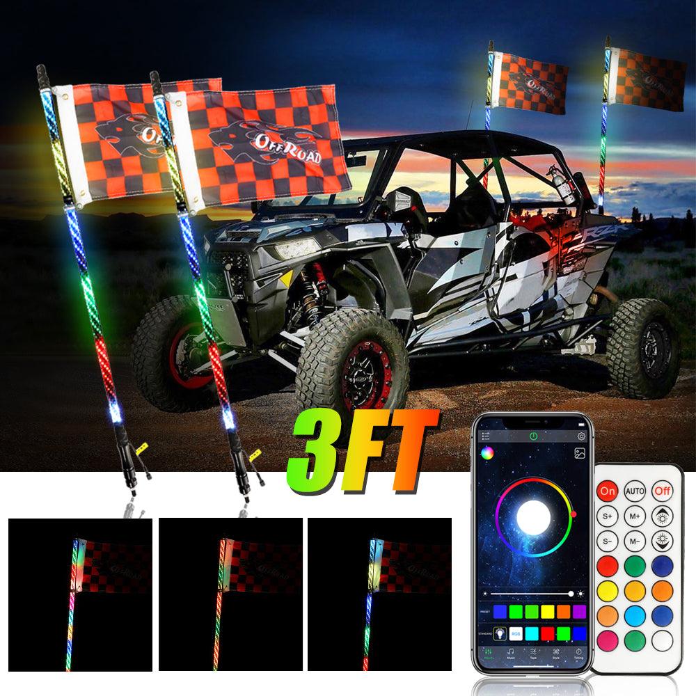 3FT/4FT LED RGB Whip Lights with Bluetooth/ Remote Controlled + Whip Light Mounting Brackets for UTV, ATV, Off-road Vehicle