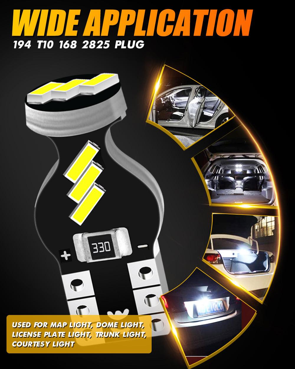 168 2825 W5W T10 LED Interior Light Bulbs 1.5W 300% Brighter 6500K White | 10 Bulbs