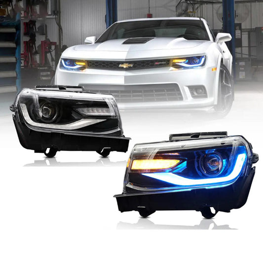 LED Headlight Assembly RGB Dual Beam Projector Black For 2014-2015 Chevrolet Camaro