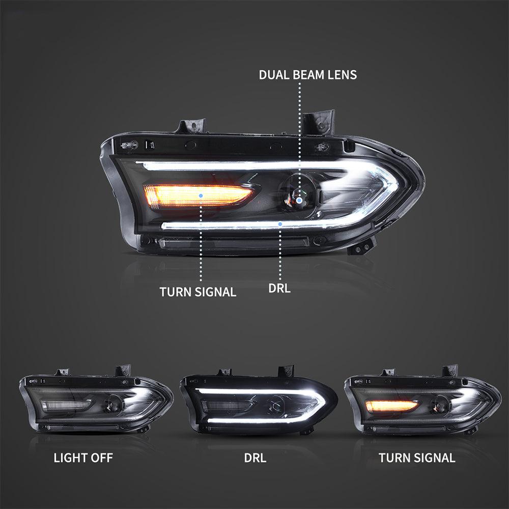 LED Headlight Assembly Dual Beam Projector Black For 2015-2023 Dodge Charger 7th Gen(LD)