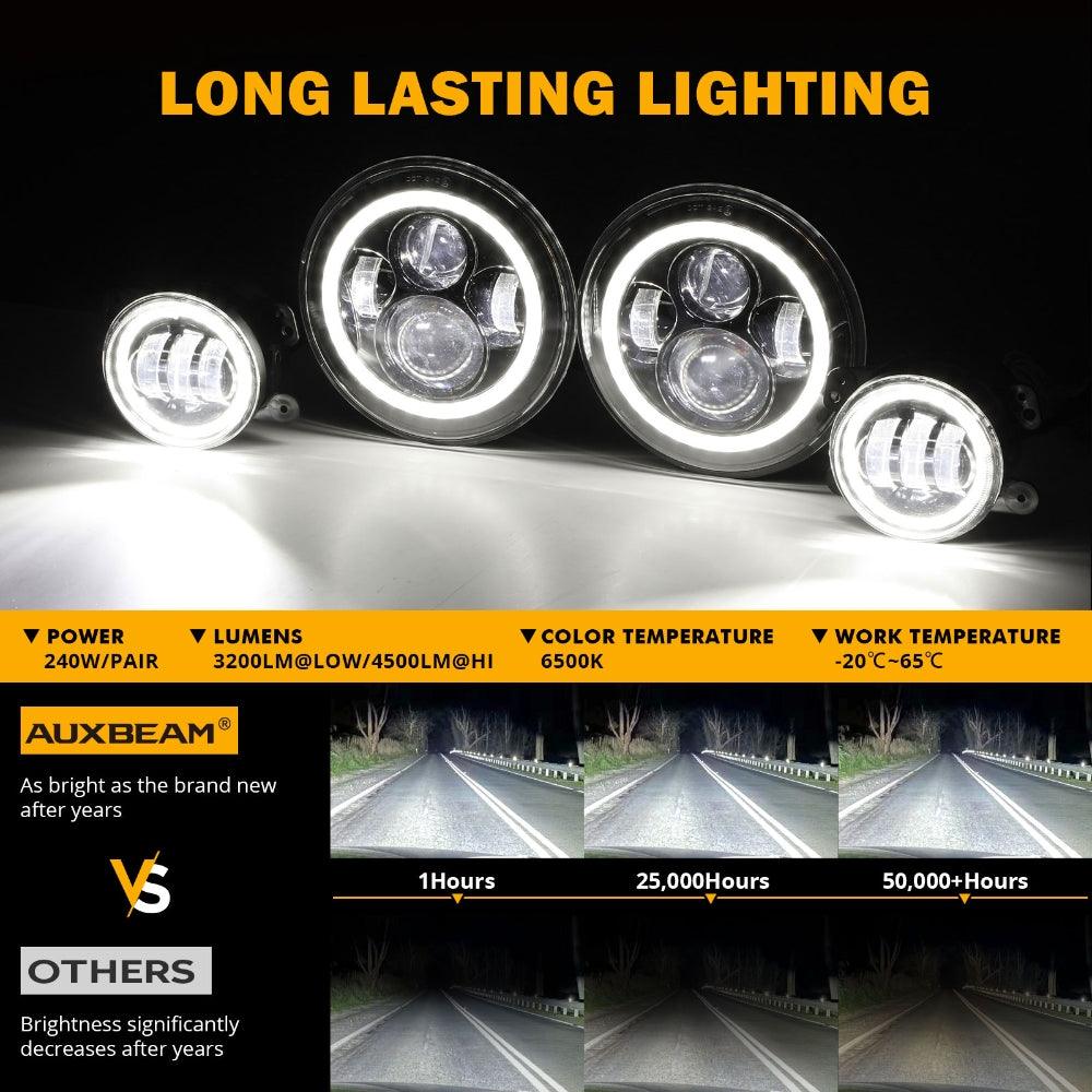 7 Inch LED Headlights + 4 Inch LED Fog Lights Set with Halo DRL Turn Signal High Low Beam for Jeep Wrangler JK JKU TJ LJ Rubicon Sahara Unlimited 1997-2018