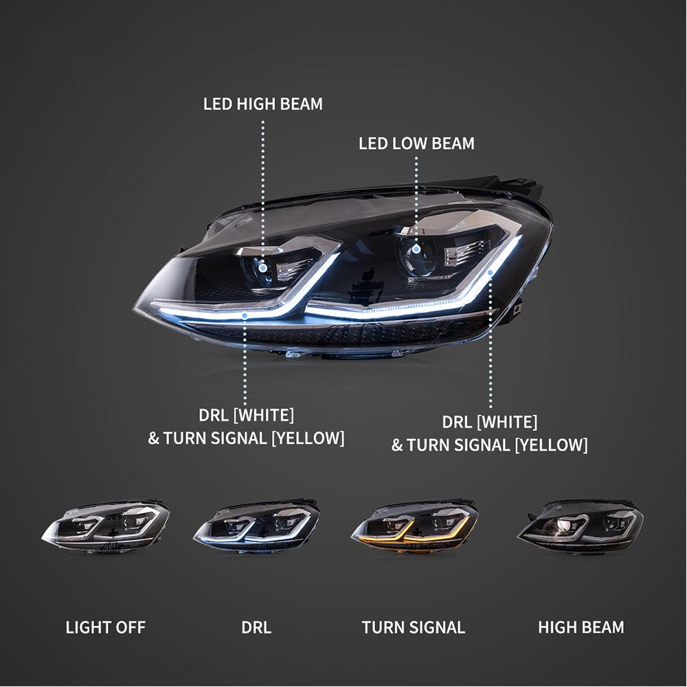 LED Headlight Assembly Projector Black For 2012-2017 Volkswagen Golf 7th Gen (Mk7, Typ 5G)