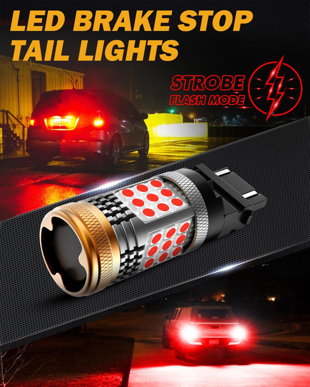 T25 3157 3156 LED Brake/Tail Light Bulbs 56W 600% High Brightness CAN-Bus Error Free Red Strobe Flashing B21 Series Strobe | 2 Bulbs