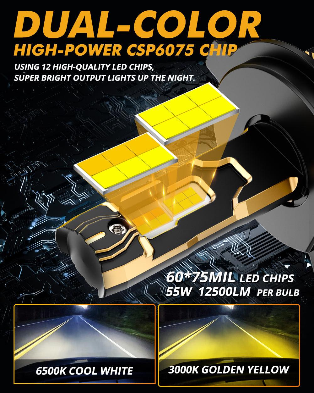H4 LED Headlight Bulbs 110W 25000LM GX Bi-Color Series High Power &amp; Brightness Dual Color Switchback | 2 bulbs