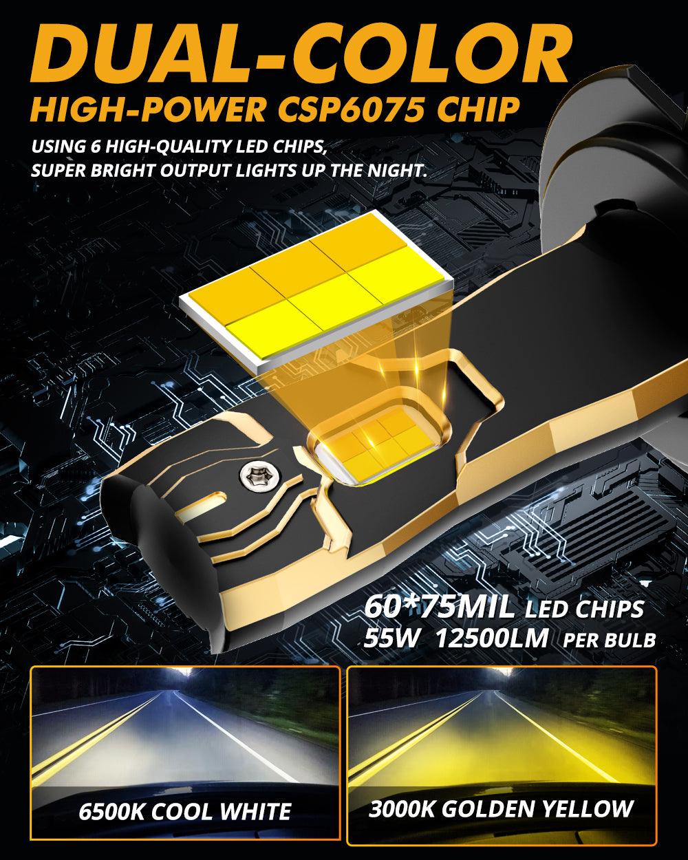 H7 LED Bulb Fog Lights/Low Beam Lights 110W 25000LM GX Bi-Color Series High Power &amp; Brightness Dual Color Switchback | 2 bulbs 