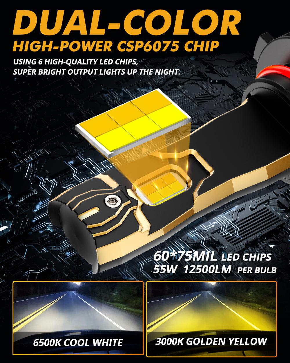 9012/HIR2 LED Headlight Bulbs 110W 25000LM GX Bi-Color Series High Power &amp; Brightness Dual Color Switchback | 2 bulbs 
