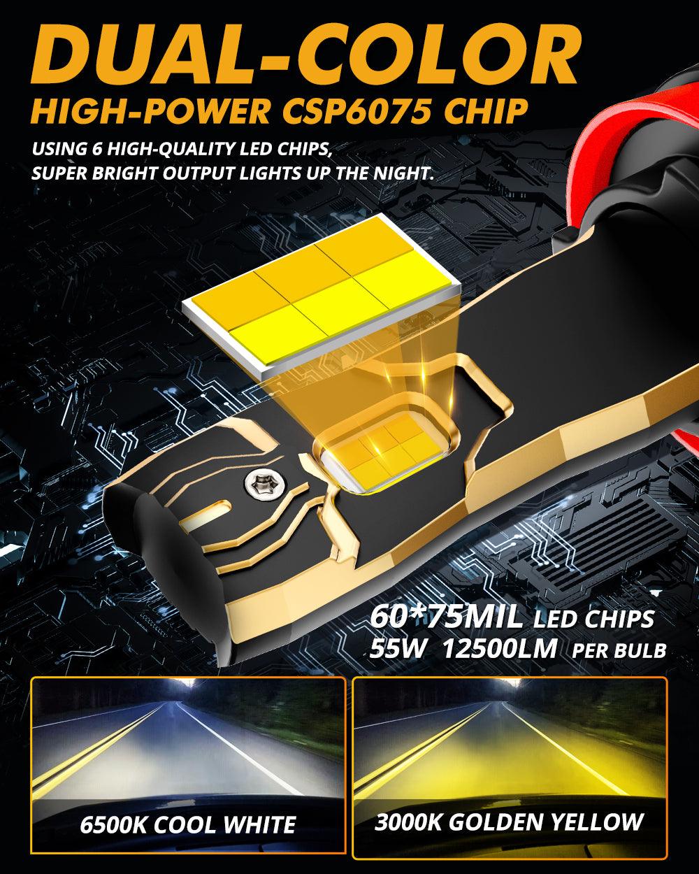 H11/H9/H8/H16JP LED Bulb Fog Lights/Low Beam Lights 110W 25000LM GX Bi-Color Series High Power &amp; Brightness Dual Color Switchback | 2 bulbs
