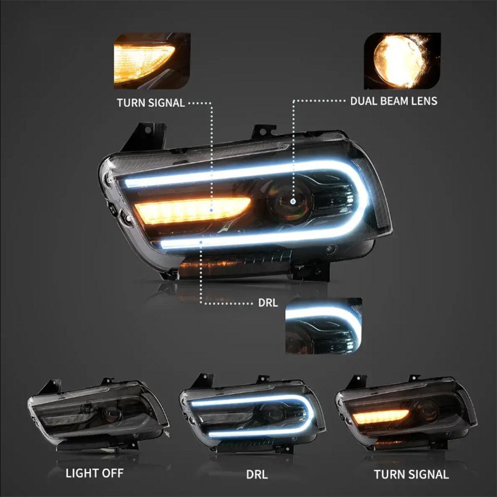 LED Headlight Assembly RGB Dual Beam Projector Black For 2011-2014 Dodge Charger(LD)