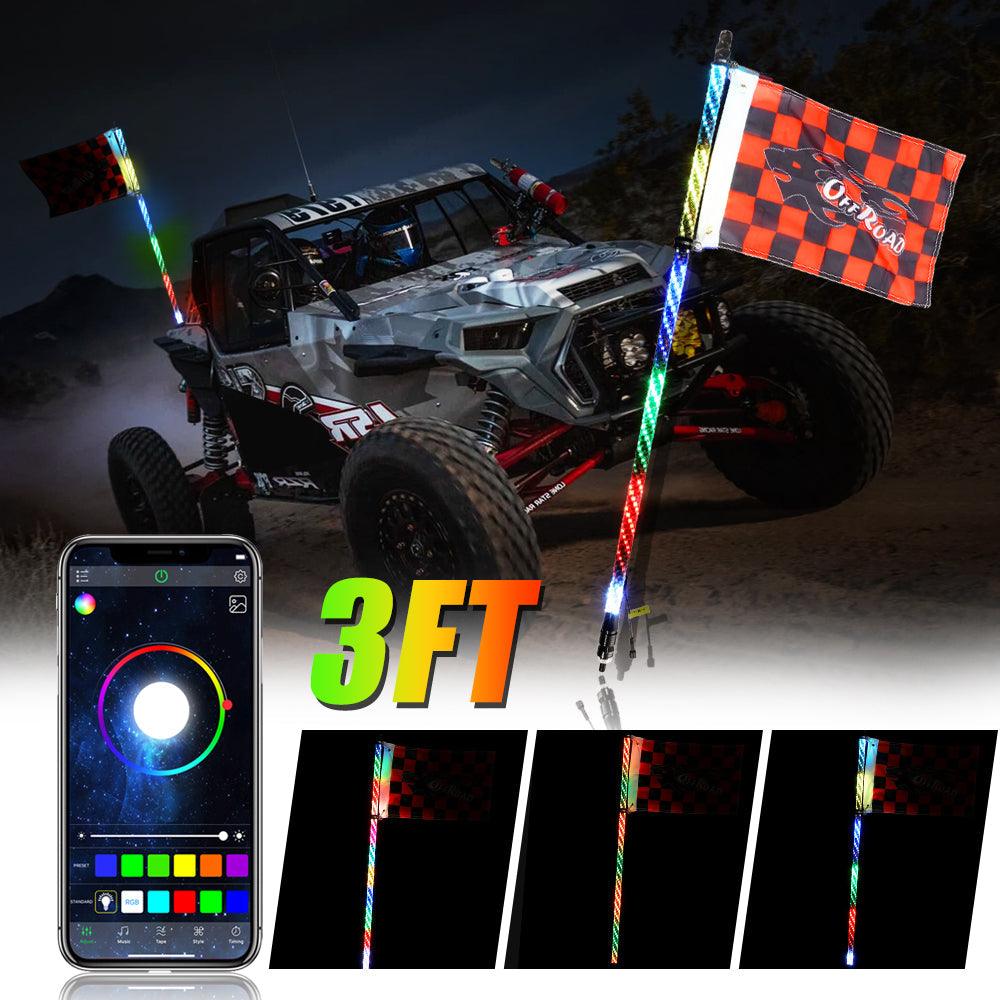3FT/4FT RGB LED Whip Light with Bluetooth Controlled + Whip Light Mounting Brackets for UTV, ATV, Off-road Vehicle