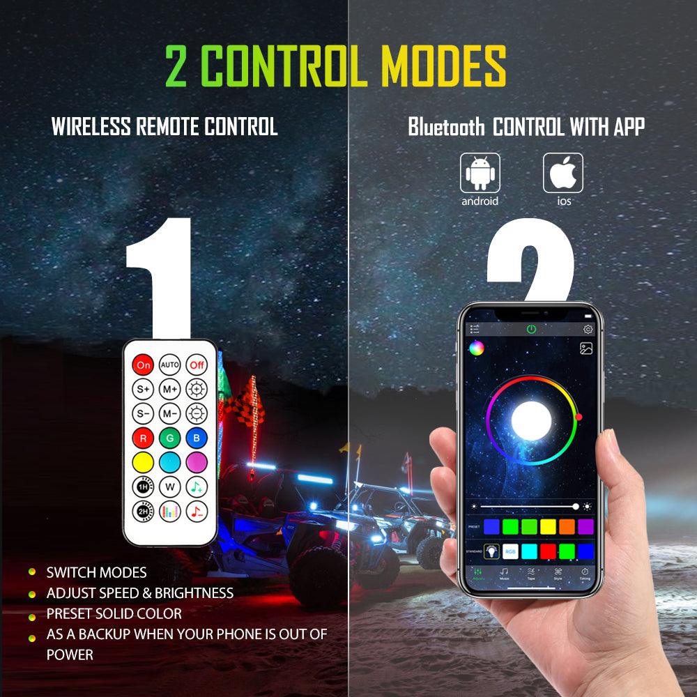 3FT/4FT LED RGB Whip Lights with Bluetooth/ Remote Controlled + Whip Light Mounting Brackets for UTV, ATV, Off-road Vehicle